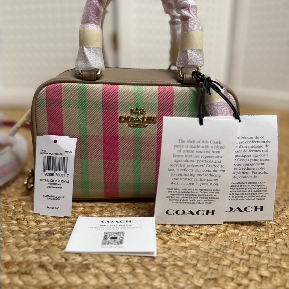 Coach Mini Satchel Crossbody Bag Pink Plaid Gold Handbag NWT - Picture 11 of 15